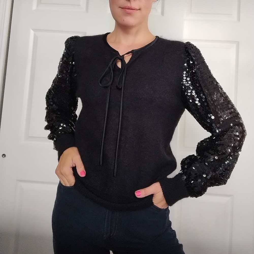 Black Sequin Sleeve Crewneck Sweater